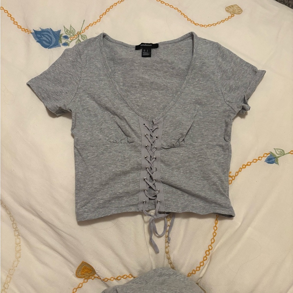 Ambiance Light Gray Lace-Up Crop Top